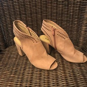Francesca’s tan, suede, open-toed booties, size 8.